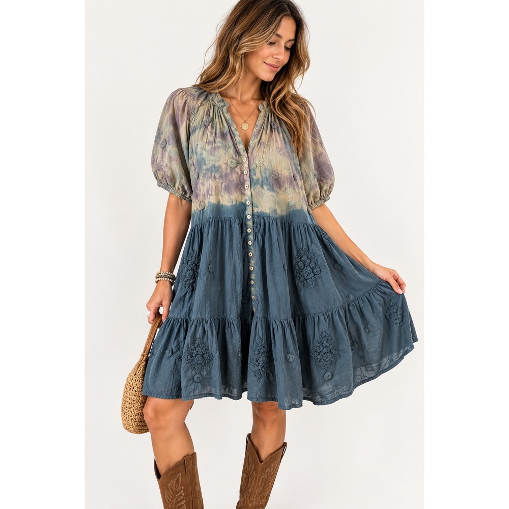 Kyla Seo Mini Dress Boho Embroidered Tie Dye Tiered Blue Tan Cotton XL